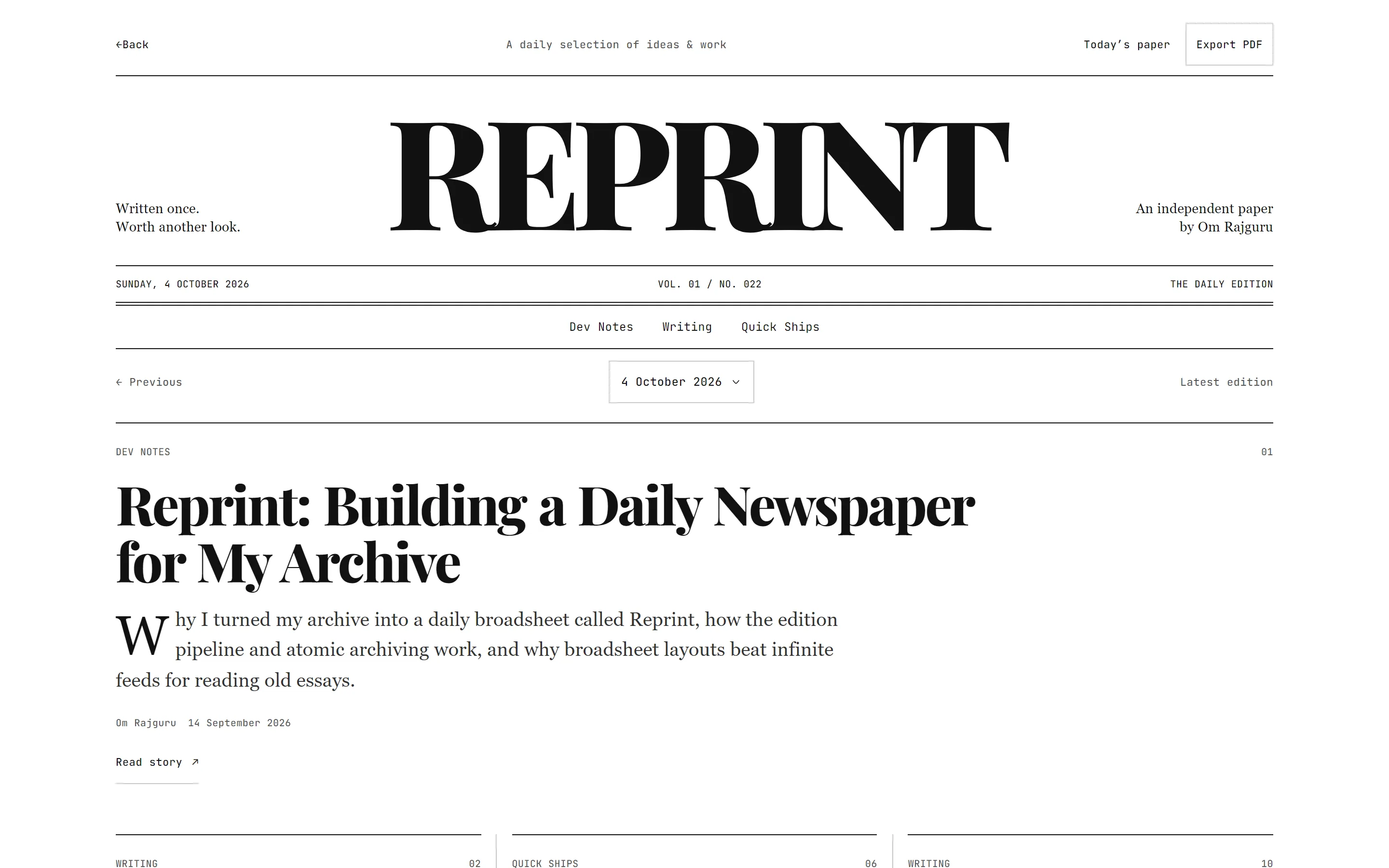 The Reprint front page: the masthead REPRINT in a heavy serif, the date and volume number in a mono dateline, section links, and the lead story set in Playfair Display with a drop cap.